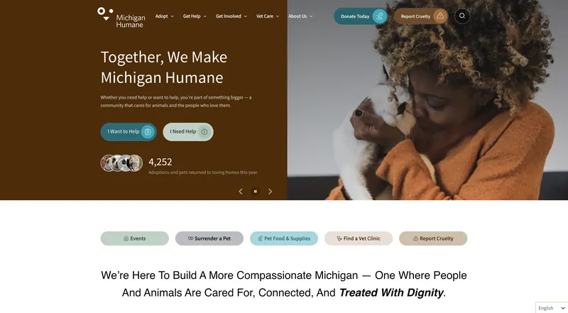 Michigan Humane homepage with adoption and help paths
